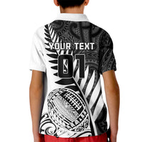 Kids rugby polo shirt, white with black back graphic, 'YOUR TEXT' and 01