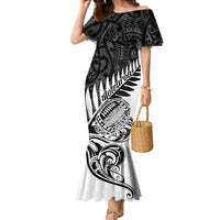 Women’s off-shoulder mermaid dress, white with black Polynesian-inspired fern print