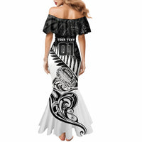 Women’s off-shoulder mermaid dress, white and black graphic front with text