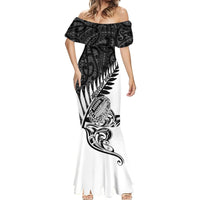 Women’s off-shoulder mermaid dress, black top and white skirt with bold tribal print