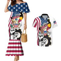 Patriotic off-shoulder mermaid dress with star top and striped hem; matching Hawaiian shirt, short sleeves