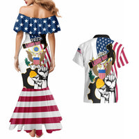Back view patriotic off-shoulder mermaid dress with star neckline and striped flared hem; matching Hawaiian shirt