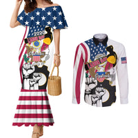 Couples matching set: off-shoulder mermaid dress and button shirt, patriotic stars/stripes print