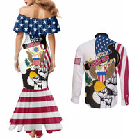 Couples matching set: off-shoulder mermaid dress and long-sleeve button shirt, full patriotic print