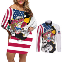 United States Labor Day Couples Matching Off Shoulder Short Dress and Long Sleeve Button Shirts Happy Labor Day 4th September - Wonder Print Shop