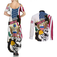 Patriotic maxi dress and long-sleeve button shirt set, back view with star and graphic