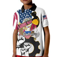 Kids white polo shirt with Labor Day graphic print and star-striped sleeves