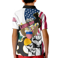 Kids white polo shirt, back view, Labor Day graphic with stars, eagle, stripes