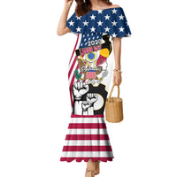 Women’s off-shoulder mermaid dress with American flag print in red, white, blue