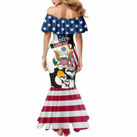 Women’s off-shoulder mermaid dress, patriotic flag print, fitted skirt flare