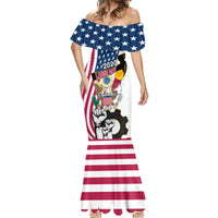 Women’s off-shoulder mermaid dress with bold flag and eagle graphic, red white blue