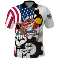 White labor day polo shirt with black graphic, patriotic red-white striped sleeves.