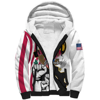 White sherpa hoodie with hood, front graphic, black cuffs and hem