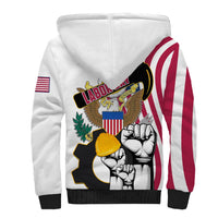 White sherpa hoodie with large Labor-themed graphic and red striped sleeve panels