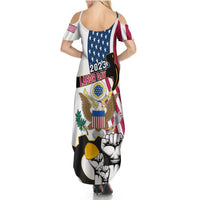 Women’s white maxi dress with Labor Day graphic print on back, off-shoulder sleeves