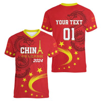 Custom China 2024 Women V-Neck T-Shirt Chinese Dragon Yellow Star - Wonder Print Shop