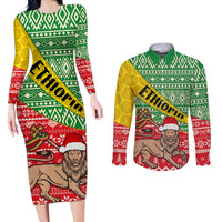 Ethiopia Christmas Couples Matching Long Sleeve Bodycon Dress and Long Sleeve Button Shirt Melkam Gena African Pattern - Wonder Print Shop