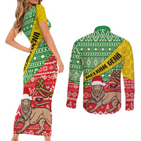Ethiopia Christmas Couples Matching Short Sleeve Bodycon Dress and Long Sleeve Button Shirt Melkam Gena African Pattern - Wonder Print Shop