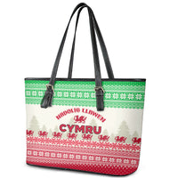 Custom Wales Christmas Leather Tote Bag Nadolig Llawen Welsh Dragon - Wonder Print Shop
