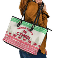 Custom Wales Christmas Leather Tote Bag Nadolig Llawen Welsh Dragon - Wonder Print Shop