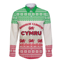 Custom Wales Christmas Long Sleeve Button Shirt Nadolig Llawen Welsh Dragon - Wonder Print Shop