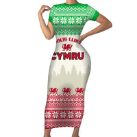 Custom Wales Christmas Short Sleeve Bodycon Dress Nadolig Llawen Welsh Dragon - Wonder Print Shop