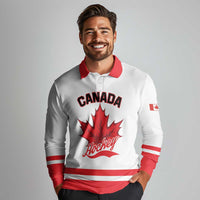 Custom Canada 2026 Hockey Long Sleeve Polo Shirt Team Maple Leaf White Version - Wonder Print Shop