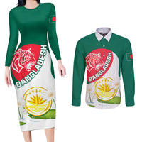 Bangladesh Independence Day Couples Matching Long Sleeve Bodycon Dress and Long Sleeve Button Shirt Royal Bengal Tiger With Water Lily - Wonder Print Shop