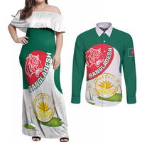 Bangladesh Independence Day Couples Matching Off Shoulder Maxi Dress and Long Sleeve Button Shirt Royal Bengal Tiger With Water Lily - Wonder Print Shop