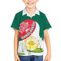 Bangladesh Independence Day Family Matching Off Shoulder Long Sleeve Dress and Hawaiian Shirt Royal Bengal Tiger With Water Lily - Wonder Print Shop