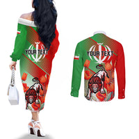 Iran Republic Day Couples Matching Off The Shoulder Long Sleeve Dress and Long Sleeve Button Shirt Asiatic Lion With Tulip Flower