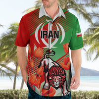 Hawaiian shirt on model, front shows lion and tulips with IRAN emblem, red and green.