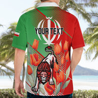 Hawaiian shirt on model, back shows lion and tulips with YOUR TEXT, red and green.