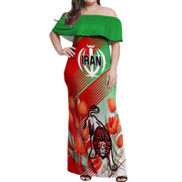 Iran Republic Day Off Shoulder Maxi Dress Asiatic Lion With Tulip Flower - Wonder Print Shop