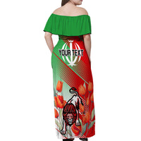 Iran Republic Day Off Shoulder Maxi Dress Asiatic Lion With Tulip Flower - Wonder Print Shop