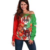 Iran Republic Day Off Shoulder Sweater Asiatic Lion With Tulip Flower - Wonder Print Shop