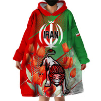Iran Republic Day Wearable Blanket Hoodie Asiatic Lion With Tulip Flower - Wonder Print Shop
