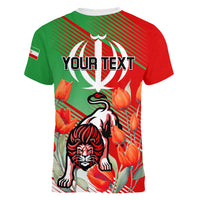 Iran Republic Day Women V Neck T Shirt Asiatic Lion With Tulip Flower - Wonder Print Shop