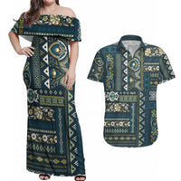 Persian Patchwork Pattern Couples Matching Off Shoulder Maxi Dress and Hawaiian Shirt Unique Blue - Wonder Print Shop