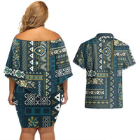 Persian Patchwork Pattern Couples Matching Off Shoulder Short Dress and Hawaiian Shirt Unique Blue - Wonder Print Shop