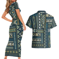 Persian Patchwork Pattern Couples Matching Short Sleeve Bodycon Dress and Hawaiian Shirt Unique Blue - Wonder Print Shop