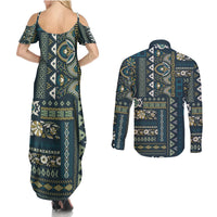 Persian Patchwork Pattern Couples Matching Summer Maxi Dress and Long Sleeve Button Shirt Unique Blue - Wonder Print Shop
