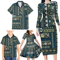 Persian Patchwork Pattern Family Matching Long Sleeve Bodycon Dress and Hawaiian Shirt Unique Blue - Wonder Print Shop