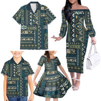 Persian Patchwork Pattern Family Matching Off Shoulder Long Sleeve Dress and Hawaiian Shirt Unique Blue - Wonder Print Shop