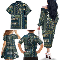 Persian Patchwork Pattern Family Matching Off Shoulder Long Sleeve Dress and Hawaiian Shirt Unique Blue - Wonder Print Shop