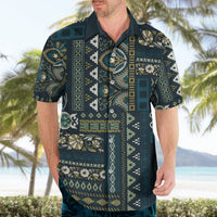 Adult blue Hawaiian shirt with patchwork print, short sleeves, button-up collar.