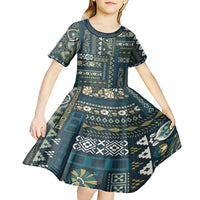 Persian Patchwork Pattern Kid Short Sleeve Dress Unique Blue - Wonder Print Shop