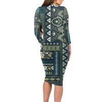 Persian Patchwork Pattern Long Sleeve Bodycon Dress Unique Blue - Wonder Print Shop