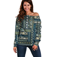 Persian Patchwork Pattern Off Shoulder Sweater Unique Blue - Wonder Print Shop