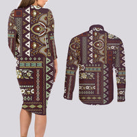 Persian Patchwork Pattern Couples Matching Long Sleeve Bodycon Dress and Long Sleeve Button Shirt Unique Brown - Wonder Print Shop
